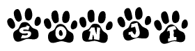 The image shows a series of animal paw prints arranged horizontally. Within each paw print, there's a letter; together they spell Sonji