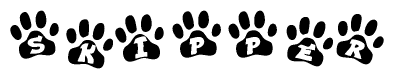 The image shows a series of animal paw prints arranged in a horizontal line. Each paw print contains a letter, and together they spell out the word Skipper.