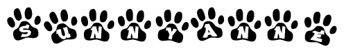 The image shows a series of animal paw prints arranged in a horizontal line. Each paw print contains a letter, and together they spell out the word Sunnyanne.