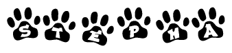 The image shows a series of animal paw prints arranged in a horizontal line. Each paw print contains a letter, and together they spell out the word Stepha.