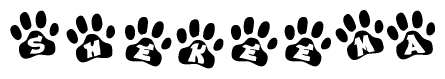 The image shows a series of animal paw prints arranged in a horizontal line. Each paw print contains a letter, and together they spell out the word Shekeema.