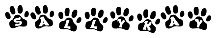 The image shows a series of animal paw prints arranged horizontally. Within each paw print, there's a letter; together they spell Sallykay