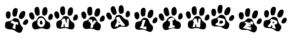 The image shows a series of animal paw prints arranged in a horizontal line. Each paw print contains a letter, and together they spell out the word Tonyalinder.