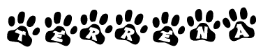 The image shows a series of animal paw prints arranged horizontally. Within each paw print, there's a letter; together they spell Terrena