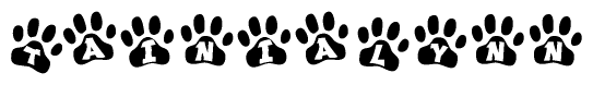 The image shows a row of animal paw prints, each containing a letter. The letters spell out the word Tainialynn within the paw prints.