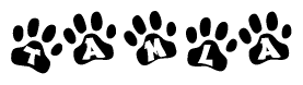 The image shows a row of animal paw prints, each containing a letter. The letters spell out the word Tamla within the paw prints.