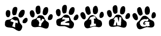 The image shows a series of animal paw prints arranged in a horizontal line. Each paw print contains a letter, and together they spell out the word Tyzing.
