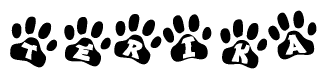 The image shows a row of animal paw prints, each containing a letter. The letters spell out the word Terika within the paw prints.