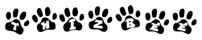 The image shows a series of animal paw prints arranged in a horizontal line. Each paw print contains a letter, and together they spell out the word Thizbee.