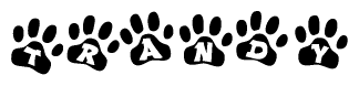 The image shows a series of animal paw prints arranged in a horizontal line. Each paw print contains a letter, and together they spell out the word Trandy.