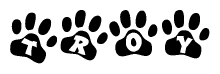The image shows a row of animal paw prints, each containing a letter. The letters spell out the word Troy within the paw prints.