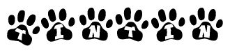 The image shows a series of animal paw prints arranged horizontally. Within each paw print, there's a letter; together they spell Tintin