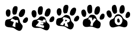 The image shows a series of animal paw prints arranged in a horizontal line. Each paw print contains a letter, and together they spell out the word Teryo.