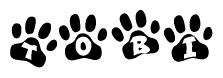 The image shows a series of animal paw prints arranged horizontally. Within each paw print, there's a letter; together they spell Tobi