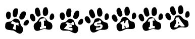 The image shows a series of animal paw prints arranged horizontally. Within each paw print, there's a letter; together they spell Tieshia