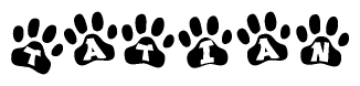 The image shows a series of animal paw prints arranged horizontally. Within each paw print, there's a letter; together they spell Tatian