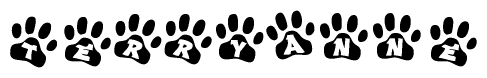 The image shows a series of animal paw prints arranged horizontally. Within each paw print, there's a letter; together they spell Terryanne