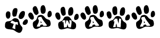 The image shows a series of animal paw prints arranged horizontally. Within each paw print, there's a letter; together they spell Tawana