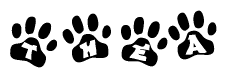The image shows a series of animal paw prints arranged in a horizontal line. Each paw print contains a letter, and together they spell out the word Thea.