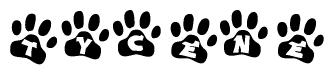 The image shows a series of animal paw prints arranged horizontally. Within each paw print, there's a letter; together they spell Tycene