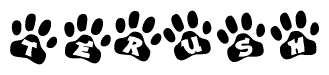 The image shows a series of animal paw prints arranged horizontally. Within each paw print, there's a letter; together they spell Terush