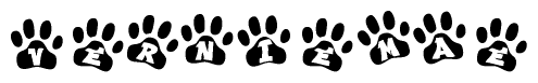 The image shows a row of animal paw prints, each containing a letter. The letters spell out the word Verniemae within the paw prints.