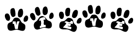 The image shows a row of animal paw prints, each containing a letter. The letters spell out the word Vieve within the paw prints.