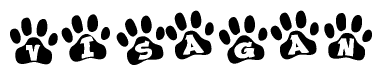 The image shows a series of animal paw prints arranged in a horizontal line. Each paw print contains a letter, and together they spell out the word Visagan.