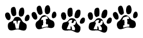 The image shows a row of animal paw prints, each containing a letter. The letters spell out the word Vikki within the paw prints.
