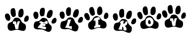 The image shows a row of animal paw prints, each containing a letter. The letters spell out the word Velikov within the paw prints.