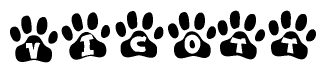 The image shows a row of animal paw prints, each containing a letter. The letters spell out the word Vicott within the paw prints.