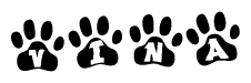 The image shows a row of animal paw prints, each containing a letter. The letters spell out the word Vina within the paw prints.