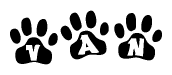 The image shows a row of animal paw prints, each containing a letter. The letters spell out the word Van within the paw prints.