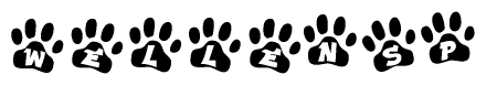 The image shows a row of animal paw prints, each containing a letter. The letters spell out the word Wellensp within the paw prints.