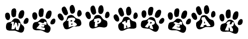 The image shows a series of animal paw prints arranged in a horizontal line. Each paw print contains a letter, and together they spell out the word Webphreak.