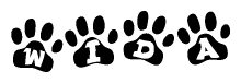 The image shows a series of animal paw prints arranged in a horizontal line. Each paw print contains a letter, and together they spell out the word Wida.