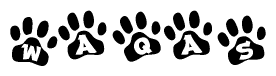 The image shows a row of animal paw prints, each containing a letter. The letters spell out the word Waqas within the paw prints.