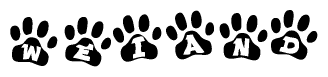 The image shows a row of animal paw prints, each containing a letter. The letters spell out the word Weiand within the paw prints.
