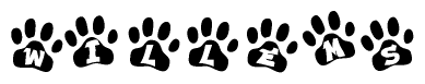 The image shows a series of animal paw prints arranged horizontally. Within each paw print, there's a letter; together they spell Willems