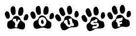The image shows a series of animal paw prints arranged in a horizontal line. Each paw print contains a letter, and together they spell out the word Yousf.