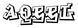 The image is a stylized representation of the letters Aqeel designed to mimic the look of graffiti text. The letters are bold and have a three-dimensional appearance, with emphasis on angles and shadowing effects.