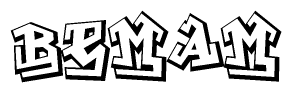 The image is a stylized representation of the letters Bemam designed to mimic the look of graffiti text. The letters are bold and have a three-dimensional appearance, with emphasis on angles and shadowing effects.