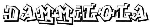 The clipart image depicts the word Dammilola in a style reminiscent of graffiti. The letters are drawn in a bold, block-like script with sharp angles and a three-dimensional appearance.