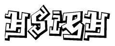 The clipart image depicts the word Hsieh in a style reminiscent of graffiti. The letters are drawn in a bold, block-like script with sharp angles and a three-dimensional appearance.