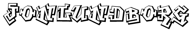The image is a stylized representation of the letters Jonlundborg designed to mimic the look of graffiti text. The letters are bold and have a three-dimensional appearance, with emphasis on angles and shadowing effects.