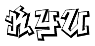 The image is a stylized representation of the letters Kyu designed to mimic the look of graffiti text. The letters are bold and have a three-dimensional appearance, with emphasis on angles and shadowing effects.