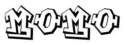 The image is a stylized representation of the letters Momo designed to mimic the look of graffiti text. The letters are bold and have a three-dimensional appearance, with emphasis on angles and shadowing effects.