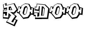 The clipart image depicts the word Rodoo in a style reminiscent of graffiti. The letters are drawn in a bold, block-like script with sharp angles and a three-dimensional appearance.