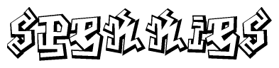 The image is a stylized representation of the letters Spekkies designed to mimic the look of graffiti text. The letters are bold and have a three-dimensional appearance, with emphasis on angles and shadowing effects.