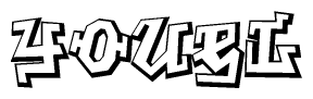 The image is a stylized representation of the letters Youel designed to mimic the look of graffiti text. The letters are bold and have a three-dimensional appearance, with emphasis on angles and shadowing effects.